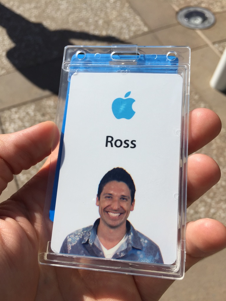 Ross's Apple employee badge showing his name and photo