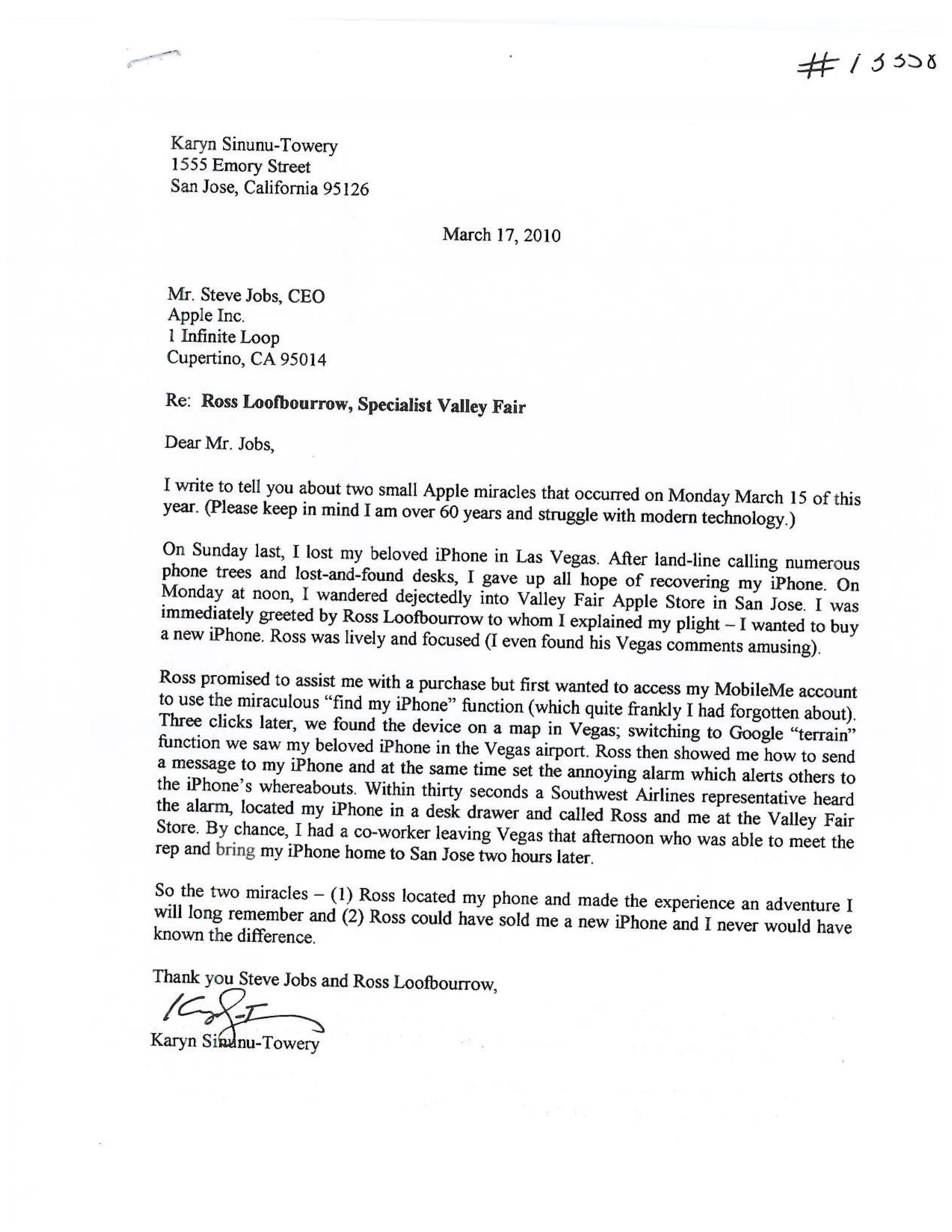 Original letter to Steve Jobs regarding Ross Loofbourrow